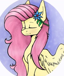 Size: 1205x1431 | Tagged: safe, artist:kim0508, character:fluttershy, species:pegasus, species:pony, abstract background, bust, eyes closed, female, flower, flower in hair, hair accessory, mare, portrait, solo, spread wings, three quarter view, wings