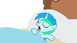 Size: 1024x577 | Tagged: safe, artist:ponyrailartist, oc, oc only, oc:cyan lightning, species:pony, species:unicorn, bed, colt, eyes closed, male, open mouth, simple background, sleeping, transparent background