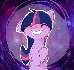 Size: 640x607 | Tagged: safe, artist:fikakorv, edit, character:twilight sparkle, species:earth pony, species:pony, g5 leak, leak, abstract background, earth pony twilight, eyes closed, female, grin, mare, redesign, smiling, solo, twilight sparkle (g5), white outline
