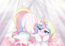 Size: 3465x2454 | Tagged: safe, artist:kim0508, artist:sparkling_light, oc, oc only, oc:cherry heartstealer, species:pony, species:unicorn, blushing, curtain, cute, female, looking at you, lying on bed, mare, prone, smiling, smiling at you, solo, ych result