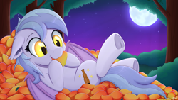 Size: 3840x2160 | Tagged: safe, artist:arcane-thunder, oc, species:bat pony, species:pony, bat pony oc, bat wings, cheek fluff, ear fluff, eating, fangs, female, food, herbivore, lying down, mango, mare, moon, night, on back, pile, solo, tree, wings