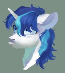 Size: 1796x2026 | Tagged: safe, artist:sofiko-ko, character:shining armor, species:pony, bust, cracked armor, ear fluff, frazzled, green background, head only, male, neck fluff, portrait, pouting, pouty lips, simple background, solo, stallion