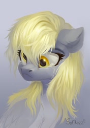 Size: 1527x2160 | Tagged: safe, artist:sofiko-ko, character:derpy hooves, species:pegasus, species:pony, bust, chest fluff, crying, ear fluff, female, gray background, mare, sad, simple background, solo