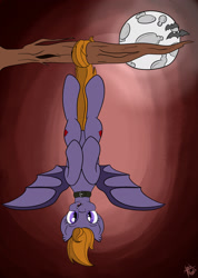 Size: 1280x1802 | Tagged: safe, artist:appleneedle, oc, oc only, species:bat pony, species:pony, commission, hanging, looking at you, moon, night, smiling, solo, tree branch, upside down