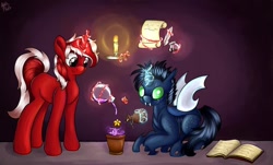 Size: 1280x774 | Tagged: safe, artist:appleneedle, oc, oc only, species:changeling, species:pony, species:unicorn, book, candle, commission, duo, flask, flower, magic, spell