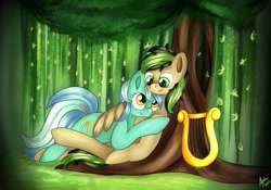 Size: 1280x894 | Tagged: safe, artist:appleneedle, character:lyra heartstrings, oc, species:earth pony, species:pegasus, species:pony, canon x oc, commission, female, hug, mare, nature, shipping, smiling, tree, winghug
