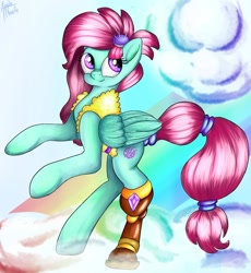Size: 1280x1392 | Tagged: safe, artist:appleneedle, character:kerfuffle, species:pegasus, species:pony, friendship is magic: rainbow roadtrip, g4, my little pony: friendship is magic, cloud, female, flying, mare, rainbow, smiling, solo