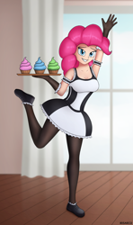 Size: 1656x2797 | Tagged: safe, artist:irisarco, character:pinkie pie, species:human, bedroom eyes, breasts, busty pinkie pie, cleavage, clothing, cupcake, curtains, cute, dress, female, food, gloves, humanized, looking at you, maid, miniskirt, pantyhose, room, shoes, skirt, smiling, socks, solo, standing, standing on one leg, thigh highs, tray, window
