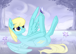 Size: 2364x1700 | Tagged: safe, artist:kim0508, artist:sparkling_light, character:sassaflash, species:pegasus, species:pony, background pony, butterfly, cloud, cute, dock, female, field, flower, grass, mare, on back, outdoors, solo, spread wings, tree, wings, ych result