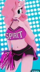 Size: 1152x2048 | Tagged: safe, artist:whackysquire, character:pinkie pie, species:anthro, species:earth pony, species:pony, 3d, belly button, cheerleader outfit, clothing, cute, female, hair over one eye, looking at you, mare, midriff, miniskirt, moe, pleated skirt, pom pom, skirt, solo