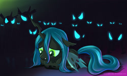 Size: 1280x768 | Tagged: safe, artist:alexmakovsky, character:queen chrysalis, species:changeling, changeling queen, cute, cutealis, female, frown, glowing eyes, headcanon, looking down, nymph, prone, sad, solo focus