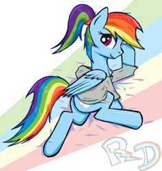 Size: 1094x1158 | Tagged: safe, alternate version, artist:sallycars, character:rainbow dash, species:pegasus, species:pony, g4, abstract background, clothing, cute, dashabetes, digital art, female, hoodie, looking at you, mare, ms paint, ponytail, rainbow dash day, solo