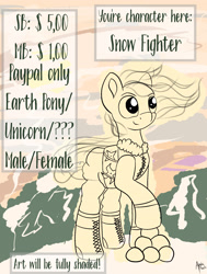 Size: 1706x2262 | Tagged: safe, artist:appleneedle, oc, species:earth pony, species:pony, species:unicorn, art, auction, brony, commission, digital, digital art, draw, drawing, fight, fighter, link, mountain, snow, the legend of zelda, winter, your character here