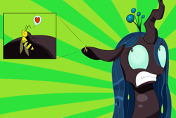 Size: 1500x1000 | Tagged: safe, artist:drakmire, character:queen chrysalis, species:changeling, bee, changeling queen, female, heart, pictogram, sunburst background