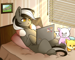 Size: 5906x4724 | Tagged: safe, artist:buvanybu, artist:neonishe, oc, oc:kenn, species:pony, bed, computer, hybrid, laptop computer, lying on bed, male, pillow, skunk, skunk pony, smiling, solo, stallion, ych result