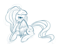 Size: 895x730 | Tagged: safe, artist:polkin, character:fluttershy, species:pegasus, species:pony, female, floppy ears, hair over one eye, lidded eyes, looking at you, mare, monochrome, prone, sketch, solo