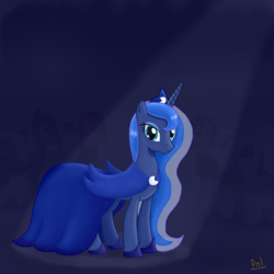 Size: 1500x1500 | Tagged: safe, artist:polkin, character:princess luna, species:alicorn, species:pony, clothing, dress, female, gala dress, looking at you, mare, smiling, solo, spotlight