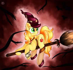 Size: 2547x2446 | Tagged: safe, artist:appleneedle, oc, oc only, oc:apple needle, species:earth pony, species:pony, bracelet, broom, clothing, ear piercing, earring, female, flats, flying, flying broomstick, hat, jewelry, mare, piercing, raised hoof, socks, solo, stockings, thigh highs, tree, witch, witch costume, witch hat, wristband