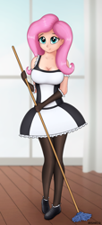 Size: 1155x2543 | Tagged: safe, artist:irisarco, character:fluttershy, species:human, big breasts, breasts, busty fluttershy, clothing, curtains, cute, dress, female, gloves, humanized, looking at you, maid, mop, pantyhose, room, shoes, skirt, smiling, socks, solo, standing, thigh highs, window