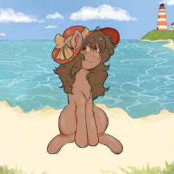 Size: 2000x2000 | Tagged: safe, artist:poofindi, oc, oc only, oc:chocolate pudding, species:earth pony, species:pony, beach, cloud, female, grass, lighthouse, looking at you, mare, ocean, sitting, smiling, solo, sun hat