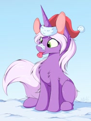 Size: 960x1280 | Tagged: safe, artist:wolfypon, oc, oc only, species:pony, species:unicorn, christmas, clothing, cute, hat, holiday, ocbetes, santa hat, snow, solo, tongue out, winter