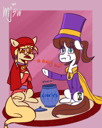 Size: 4000x5000 | Tagged: safe, artist:mjsw, species:pony, a hat in time, blushing, cookie, cookie jar, duo, food, hat kid, mustache girl, ponified, unamused