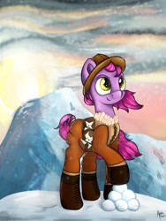 Size: 1280x1698 | Tagged: safe, artist:appleneedle, oc, oc only, oc:snowfighter, species:earth pony, species:pony, art, brony, commission, digital art, drawing, fighter, ice, mountain, painting, snow, snowball, solo, sun, wind, winter, your character here