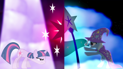 Size: 1920x1080 | Tagged: safe, artist:flutterflyraptor, character:trixie, character:twilight sparkle, vector, wallpaper