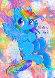 Size: 1452x2048 | Tagged: safe, artist:osawari64, character:rainbow dash, species:pegasus, species:pony, blushing, cloud, crossed hooves, cute, dashabetes, female, mare, smiling, solo