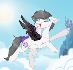 Size: 2092x2000 | Tagged: safe, artist:kim0508, artist:sparkling_light, oc, oc only, oc:snow bright, species:pegasus, species:pony, amputee, artificial wings, augmented, blue eyes, bow, canterlot castle, cloud, cute, female, flying, grey hair, happy, mechanical wing, mre, owner:xheotris, pegasus oc, ponified, prosthetic limb, prosthetic wing, prosthetics, short hair, sky, solo, tail, tail bow, wings