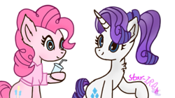 Size: 669x375 | Tagged: safe, artist:memengla, artist:star studded, character:pinkie pie, character:rarity, species:earth pony, species:pony, species:unicorn, female, heart eyes