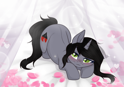 Size: 3465x2454 | Tagged: safe, artist:kim0508, artist:sparkling_light, base used, species:pony, species:unicorn, bed, bedroom eyes, commission, disguise, disguised siren, fangs, horn, kellin quinn, looking at you, male, ponified, sleeping with sirens, slit eyes, solo, stallion, ych result