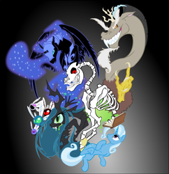 Size: 4126x4265 | Tagged: safe, artist:mohawkrex, character:discord, character:nightmare moon, character:princess luna, character:queen chrysalis, character:trixie, species:alicorn, species:changeling, species:draconequus, species:pony, species:unicorn, absurd resolution, antagonist, bone, changeling queen, female, gradient background, male, mare, parasprite, protagonist, skeleton