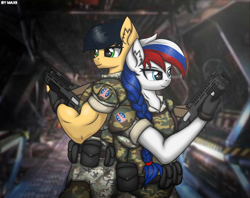 Size: 3102x2461 | Tagged: safe, artist:maxiclouds, oc, oc:marussia, species:anthro, nation ponies, alien, alien (franchise), aliens: colonial marines, armor, back to back, biceps, colonial marines, colony corridors, duo, female, gun, m41a pulse rifle, male, military, military uniform, russia, weapon
