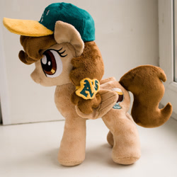 Size: 2200x2200 | Tagged: safe, artist:valmiiki, oc, oc only, oc:vanilla creame, species:pegasus, species:pony, alcohol, baseball cap, beer, cap, clothing, cute, female, folded wings, hat, irl, mare, oakland athletics, photo, plushie, shadow, side view, simple background, solo, wings