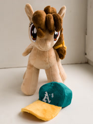 Size: 1650x2200 | Tagged: safe, artist:valmiiki, oc, oc only, oc:vanilla creame, species:pegasus, species:pony, baseball cap, cap, clothing, cute, female, folded wings, front view, hat, irl, mare, oakland athletics, photo, plushie, simple background, solo, wings