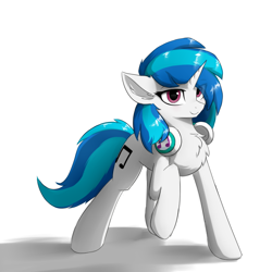 Size: 750x750 | Tagged: safe, artist:d.w.h.cn, character:dj pon-3, character:vinyl scratch, species:pony, species:unicorn, eye clipping through hair, female, hair over one eye, headphones, looking at you, mare, raised hoof, simple background, smiling, solo, white background