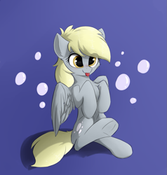 Size: 855x900 | Tagged: safe, artist:d.w.h.cn, derpibooru original, character:derpy hooves, species:pegasus, species:pony, blep, blushing, bubble, cheek fluff, chest fluff, cute, derpabetes, ear fluff, female, hooves to the chest, mare, simple background, sitting, solo, tongue out