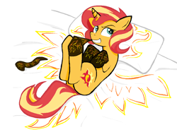 Size: 1118x838 | Tagged: safe, artist:sallycars, character:sunset shimmer, species:pony, species:unicorn, clothing, female, mouth hold, on back, pillow, smiling, socks, solo, sunset shimmer day, undressing