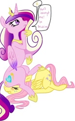 Size: 414x669 | Tagged: safe, artist:purplekecleon, character:fluttershy, character:princess cadance, blushing, dialogue, eyes closed, flutterbuse, flutterseat, frown, gritted teeth, prone, purplekecleon, sitting, speech bubble, sweat, thinking