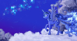 Size: 5691x3075 | Tagged: safe, artist:capt_hairball, character:princess luna, species:alicorn, species:pony, cloud, female, mare, solo, stars, unshorn fetlocks, walking on clouds, wings