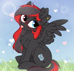 Size: 3772x3640 | Tagged: safe, artist:kim0508, artist:sparkling_light, oc, oc only, oc:sharpe, species:pegasus, species:pony, blep, blushing, chest fluff, cute, cutie mark, ear fluff, ear piercing, earring, female, heterochromia, jewelry, mare, piercing, sitting, solo, tongue out, wings, ych result