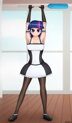 Size: 1683x2880 | Tagged: safe, artist:irisarco, character:twilight sparkle, species:human, armpits, clothing, curtains, cute, duster, female, gloves, hands up, humanized, looking at you, maid, miniskirt, pantyhose, room, skirt, smiling, socks, solo, standing, thigh highs, window