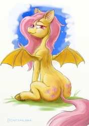 Size: 1414x2000 | Tagged: safe, artist:capt_hairball, character:flutterbat, character:fluttershy, species:bat pony, species:pegasus, species:pony, bat ponified, butt, cutie mark, eye clipping through hair, fangs, female, grass, looking at you, looking back, looking back at you, looking over shoulder, mare, night, plot, race swap, simple background, smiling, smirk, solo, tail