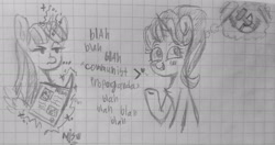 Size: 2728x1438 | Tagged: safe, artist:mjsw, character:starlight glimmer, character:twilight sparkle, character:twilight sparkle (alicorn), species:alicorn, species:pony, species:unicorn, graph paper, hammer and sickle, magic, monochrome, stalin glimmer, thought bubble, traditional art, uninterested