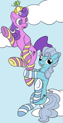 Size: 1772x3429 | Tagged: safe, artist:appleneedle, artist:icey-wicey-1517, edit, character:screw loose, character:screwball, species:earth pony, species:pony, clothing, cloud, collaboration, color edit, colored, female, flying, hat, lesbian, mare, open mouth, propeller hat, raised hoof, raised leg, screwballoose, shipping, sky, socks, striped socks