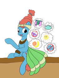 Size: 2403x3168 | Tagged: safe, artist:appleneedle, artist:icey-wicey-1517, edit, character:meadowbrook, species:earth pony, species:pony, banana, bandana, boop, bubble, clothing, color edit, colored, coronavirus, covid-19, female, food, mare, mask, open mouth, orange, public service announcement, raised hoof, simple background, skirt, soap, solo, sun, transparent background