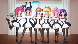 Size: 5120x2880 | Tagged: safe, artist:irisarco, character:applejack, character:fluttershy, character:pinkie pie, character:rainbow dash, character:rarity, character:twilight sparkle, species:human, armpits, bedroom eyes, big breasts, breasts, broom, busty applejack, busty fluttershy, busty pinkie pie, cleavage, clothing, cupcake, curtains, cute, duster, female, food, gloves, group shot, hand on hip, hands up, humanized, looking at you, maid, mane six, mop, room, skirt, smiling, socks, standing, standing on one leg, thigh highs, tray, window
