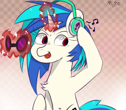 Size: 4000x3500 | Tagged: safe, artist:mjsw, character:dj pon-3, character:vinyl scratch, species:pony, species:unicorn, female, headphones, magic, mare, mlem, music notes, silly, solo, tongue out, wrong eye color