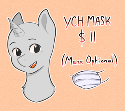 Size: 1800x1600 | Tagged: safe, artist:poofindi, advertisement, bust, mask, smiling, text, ych example, your character here